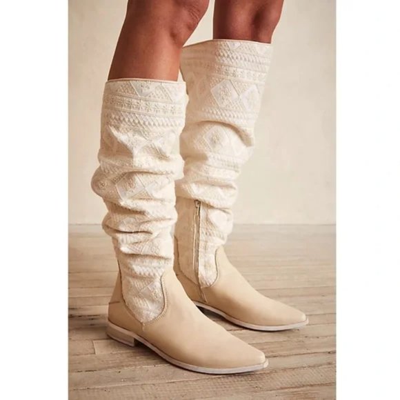 Free People Shoes - New Free People Bren Slouch Boots White Knee High Womens 7.5 Textile Leather